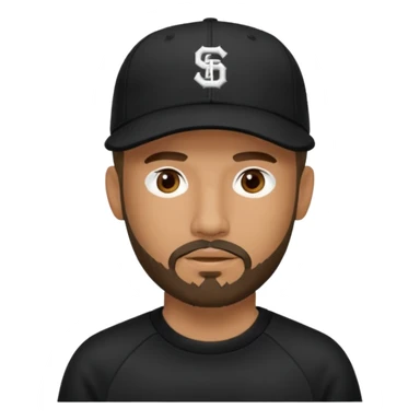 Hombre con la cara oculta, con barba fina y perilla, gorra negra de baseball bordada con un 08, y sudadera negra sticker