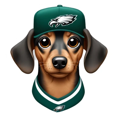 Miniature Dachshund Merle wearing Philadelphia Eagles Hat with Coco name on Jersey sticker