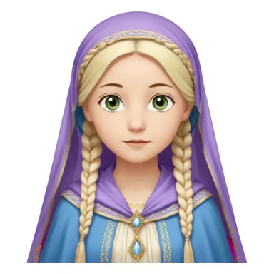 Joven de unos 30 años, de aspecto dulce y elegante.
Piel clara, ojos (pueden ser azules o verdes)
Rubio o castaño claro, largo, con trenzas o velo.
Vestido largo de tonos suaves (blanco, azul o lavanda), con bordados dorados; un manto o toca fina cubriendo la cabeza. Haz todo el cuerpo sticker