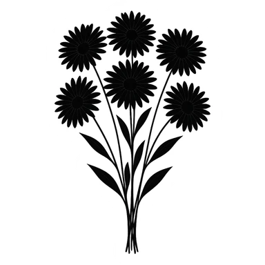 Create a bouquet of black daisies that is simple and dark with a gothic vibe, with no background. The bouquet should have a minimalistic yet gothic style emphasizing the black color and simplicity. sticker