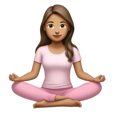 a girl with brown long hair, fair skin and green eyes, meditates in a relaxed lotus position in a comfortable monochrome pink top and monochrome pink leggings sticker