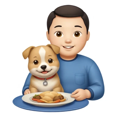 A fat Chinese boy with a dog sitting on his plate  sticker