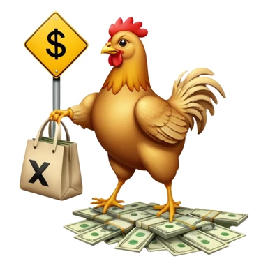 "Road" sign with a chicken running along it with a bag of money
— Road below (like in Frogger), chicken in flight (or on a skateboard, because why not), bag of money behind. An egg with an X is flying in the air. This conveys dynamics + plot in 1 pictogram. sticker