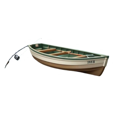 Icon for Fishing: a boat on the shore of a serene lake, including trees and water, with a scenic natural background, a fishing rod and tackle box. The icon should represent the peacefulness of fishing. Transparent background, no border. sticker