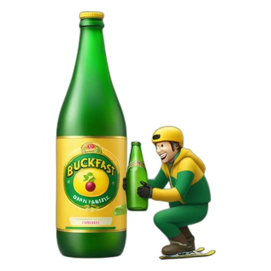 Man ski grinding over a giant green bottle of buckfast tonic wine with yellow label sticker