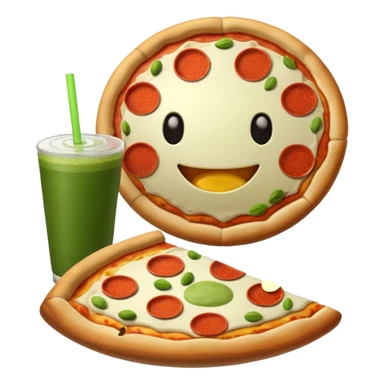 A football eating a pizza with a matcha drink sticker
