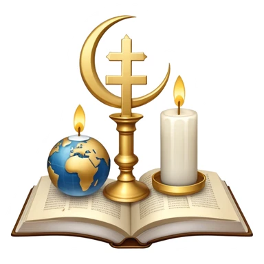 An icon featuring a holy book, a candle, and a cross, symbolizing religious studies. The design includes a globe with various religious symbols: a crescent moon and star (Islam), a lotus flower (Buddhism), representing global belief systems. Transparent background. sticker