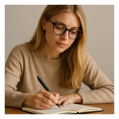 blonde woman wearing glasses, writing in a notebook sticker