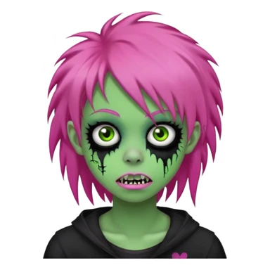 girl, green zombie, pink coily hair, medium long, emo, shaggy, dark, spooky, piercing on eyebrow, colourful teeth, creepy blank expression sticker
