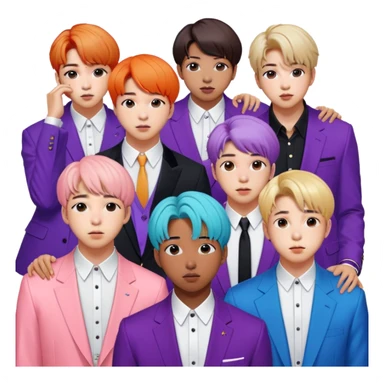 Cinematic Realistic group portrait of BTS featuring all 7 members in stylish modern attire, with detailed facial expressions and vibrant colors, captured in dynamic, contemporary lighting that emphasizes their global pop icon status sticker