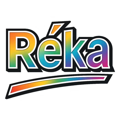 The name 'Réka' in modern, precise Hungarian letters with a rainbow gradient fill, extra thick white letter outline, dark contour, transparent background, dynamic slanted underline, styled like the sample images. sticker