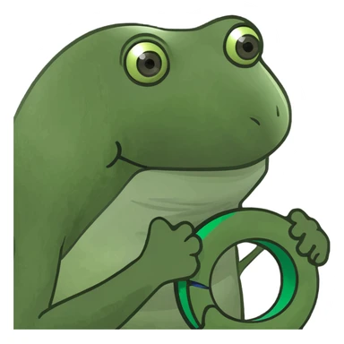 Pepe the frog holding a modern 'C' logo: four green concentric arcs on black, open to the right, bold and dynamic, with a sense of depth and movement. sticker
