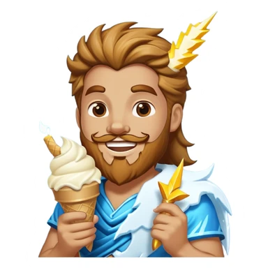 Zeus in vest smiling eating white ice cream holding lightning bolt sticker