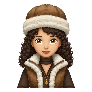 "A girl with curly dark hair 👩🏻‍🦱, wearing a fur hat 👒🦊 and a fur vest 🧥, standing in the snow ❄️ with pine trees 🌲 in the background, holding a Bashkir dombyra 🎶. Emoji style." sticker