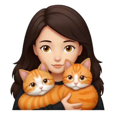 dark-black-brown-hair-to-shoulder girl with brown eyes snuggled with orange tabby cat sticker