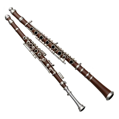 Cinematic Realistic Oboe, slender and elegant dark wood body, silver-plated keys catching soft highlights, delicate reed resting at the top, glowing with refined and classical beauty. sticker