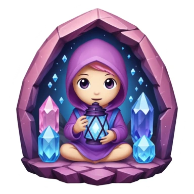 purple, blue, and pink crystal chibi creature holding a lantern inside a crystal-filled cave sticker