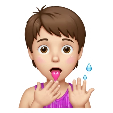 Pale Boy with shaggy brown hair, pink heart shaped eyes looking up , mouth open , water drop dripping from lips, hand touching cheek sticker