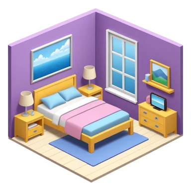 13 year old girls ultra realistic, ultra detailed large 3D view of bedroom, interior isometric sticker
