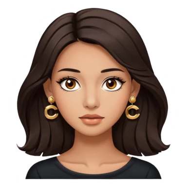 girl with brown asian eyes, long eyelashes, layerd mid length hair dark brown, tanned skin with Chanel earrings  sticker