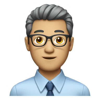 A Japanese man with a business haircut and glasses wearing a blue button up sticker