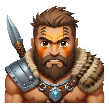 Clash of Clans style: Cinematic Rugged Barbarian Portrait Emoji, Intense and formidable with a stylized build, a rugged beard and expressive eyes, adorned in playful, battle-worn furs and cartoonish armor with tribal markings, Simplified yet powerfully detailed features, highly detailed, glowing with a deep, adventurous energy, high shine, spirited and determined, stylized with an air of raw, untamed power, soft glowing outline, capturing the essence of a barbarian warrior ready to lead epic quests! sticker