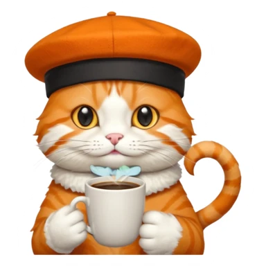 Orange cat, wear beret hat, holding coffee mug sticker