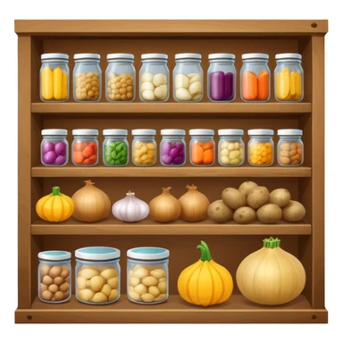 pantry with canned items, onions, potatoes, squash sticker