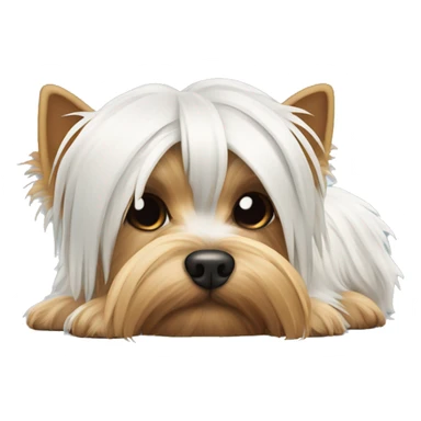 White sleeping Yorkshire Terrier with tail sticker