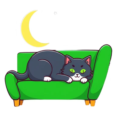 tricolor fluffy cat with big green eyes sleeping on a sofa with a moon above her sticker