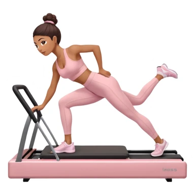 Mixed-race athletic woman with caramel skin, wearing pastel pink sports bra and leggings, doing Pilates on a reformer machine sticker