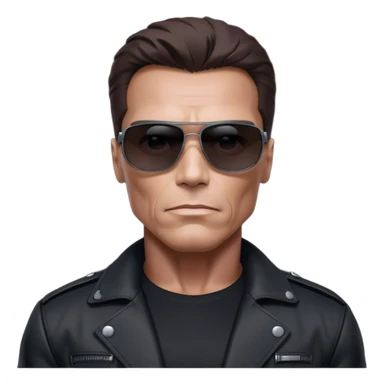 Schwarzenegger-like Terminator, upper body only, wearing his iconic clothes in black (all clothes must be black), looking more human with minimal robotic details, and wearing dark sunglasses, hair must be dark sticker