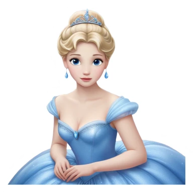 Cinematic Realistic Cinderella Portrait, depicted with lifelike skin texture, subtle rosy undertones, and soft natural lighting that enhances the gentle contours of her face. Her intricately detailed golden blonde hair is elegantly styled in an updo, with delicate wisps framing her face. Her deep, expressive blue eyes radiate warmth and sincerity, reflecting a quiet resilience and grace. She holds a glass slipper gently in one hand, her other hand resting gracefully at her side, emphasizing the timeless beauty of the moment. She is dressed in her iconic ball gown, the fabric shimmering with intricate embroidery and fine translucent layers that catch the light beautifully. The soft sheen of satin gloves adds a magical touch to her graceful pose. The portrait features an enchanting glow with a natural, luminous finish, seamlessly blending realism and fairytale charm to evoke a sense of depth, elegance, and timeless beauty. sticker