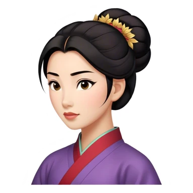 Cinematic Realistic Serene Mulan Portrait, showing Mulan (chest and above) with radiant, smooth skin and delicately detailed dark hair swept back in a neat bun. Her gentle, reflective expression is captured with soft natural lighting that highlights the nuanced textures of her features and traditional attire in muted hues. The composition glows with an inviting, natural radiance and subtle shadows, evoking a calm and introspective mood that speaks of quiet strength and enduring beauty. sticker