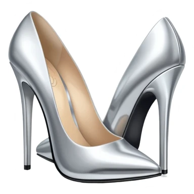 A pair of high heel shoes emoji made of polished silver chrome, elegant sharp silhouette, smooth metallic surface, glossy reflections, luxury sexy vibe, minimalistic iOS emoji style, centered, clean white background sticker