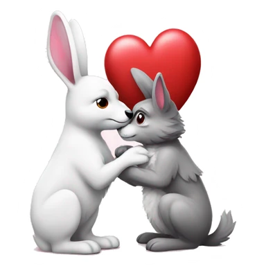 Old Wolf kisses a white Bunny who has pink ears, with big red heart between them sticker
