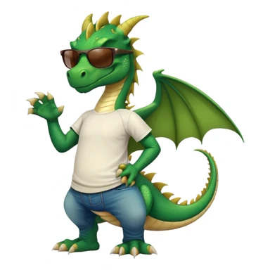 friendly anthropomorphised green dragon in a sports t-shirt and jeans with dark sunglasses, relaxed pose sticker