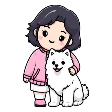 black-haired girl in pink Chanel style outfit with white Samoyed dog sticker