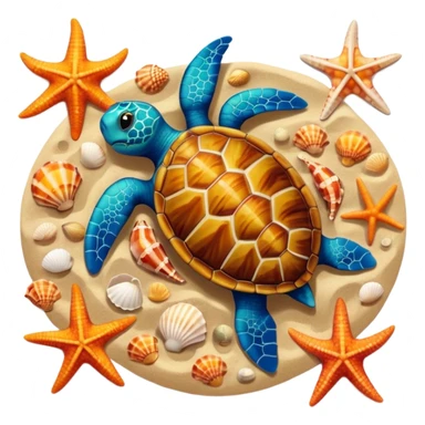 turtle, starfish, and shells together on sandy beach, top-down view, apple emoji style, alternate version sticker