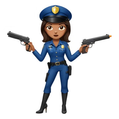 A sexy girl. with caramel skin. Dark brown hair and brown eyes. She has freckles. Wearing sexy makeup. Dressed as a sexy cop. Wearing heels. Holding a gun sticker