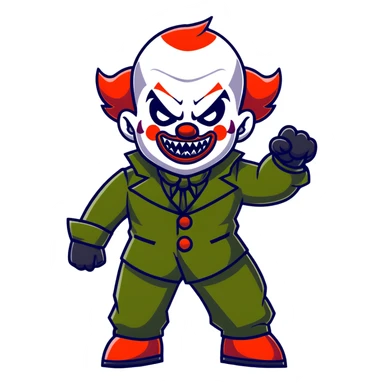 evil clown warrior, bald, small black satan-like horns on forehead, fangs, pointed ears, eye patch over one eye, black and military green leisure suit with bellbottom pants, realistically proportioned, less bulky, full body, battle-ready fighting posture sticker