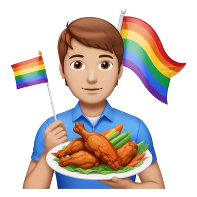 Guy with brown hair holding buffalo chicken wings and a gay pride flag sticker