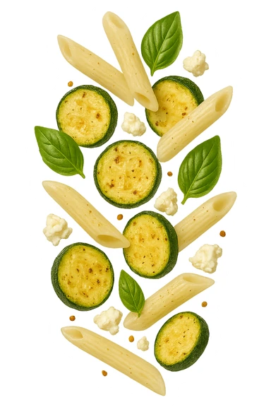 EMOJI STILE IPHONE DI Pasta di riso con zucchine, basilico e feta cade verticalmente, iperrealistica 4k sticker