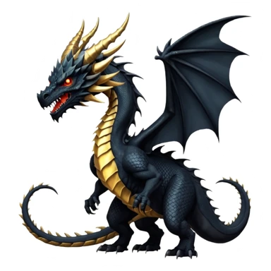 Massive ancient black dragon with obsidian scales, scarred powerful wings, glowing gold eyes, long curved horns, spiked neck ridges, and a brutal morningstar tail. Intimidating, muscular, regal presence. sticker