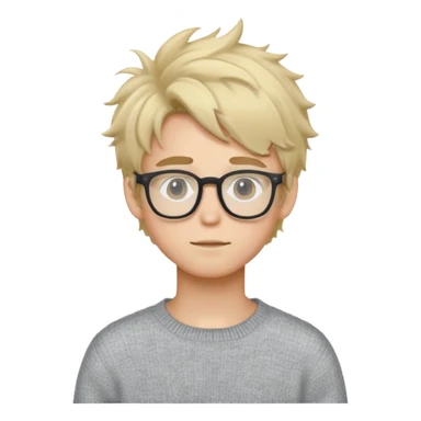 Twink with blonde messy hair and glasses, white skin and a grey sweater sticker