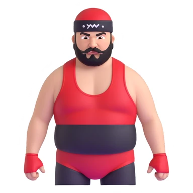 Close-up of very fat white skin guy with young face, beard and mustache, no muscle with prominent black durag, black eyes in a red and black wrestling singlet with angry face sticker