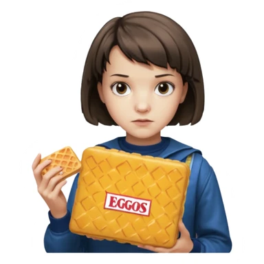 Eleven from Stranger Things, short hair, intense expression, 80s style outfit, holding a box of Eggo waffles sticker
