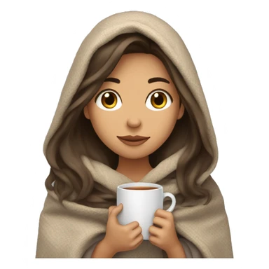 brunnette girl with long hair snuggled up in a blanket and holding a hot tea in her hands  sticker
