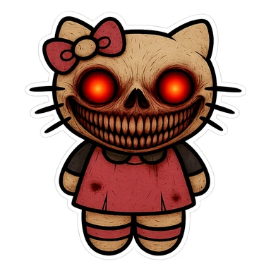 Make Hello Kitty's horror face smile much wider, keeping the glowing red eyes and unsettling features, in sticker style. The style is sticker style with no background. sticker