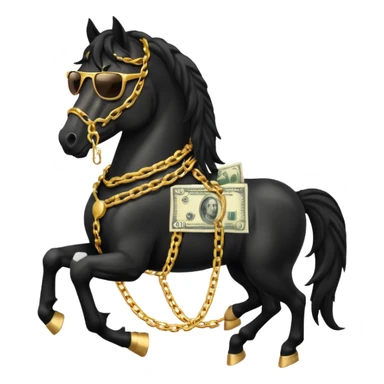 Black Horse looks gangster with Golden chains, sunglasses and Holds money sticker